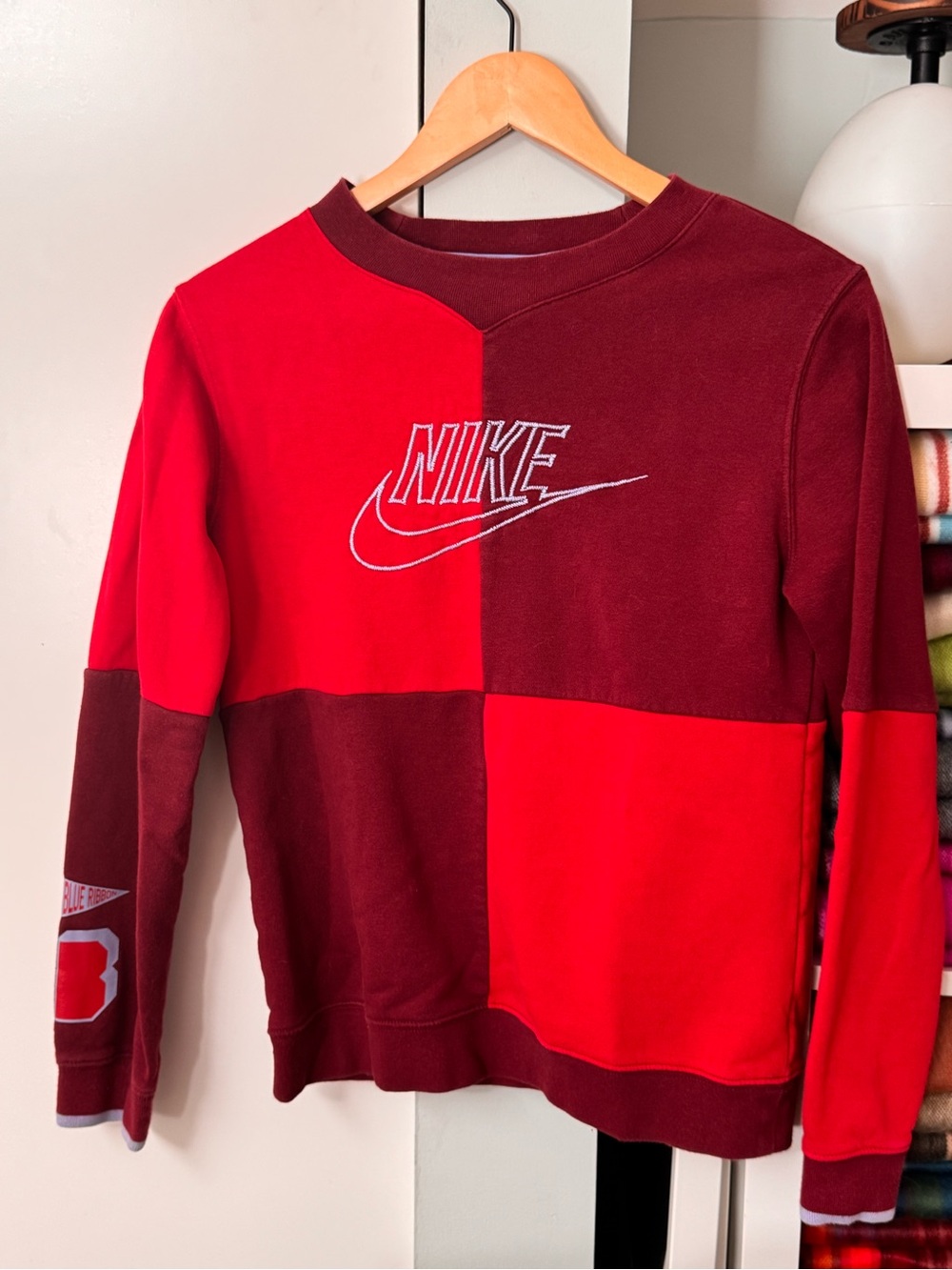 Boys Nike Color Block Red & Burgundy Crewneck Sweatshirt
